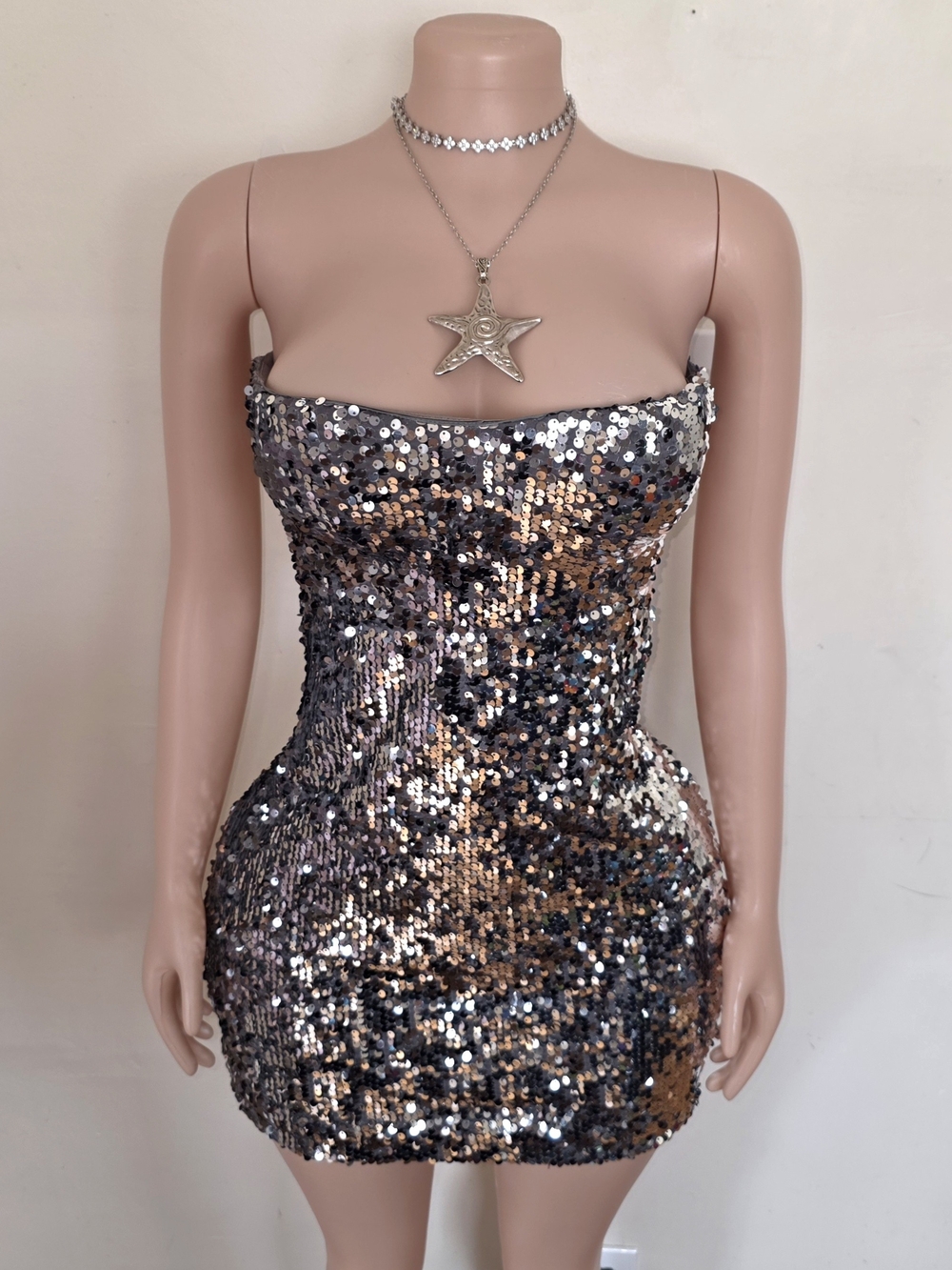 Strapless Silver Sequin Mini Dress